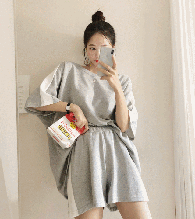 uniqueon-[투피스SET♥] 배색트랙 트레이닝 루즈핏반팔티셔츠+밴딩숏팬츠 츄리닝세트 [H0569]♡韓國女裝套裝