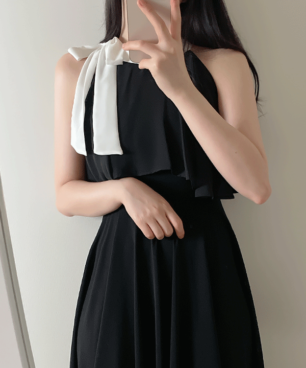 ssomedays-네티 배색리본 홀터 원피스 2color - 썸데이즈♡韓國女裝連身裙
