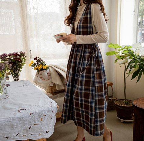 leelin-[제인에어 체크 허리리본 원피스[size:F(55~66)]]♡韓國女裝連身裙