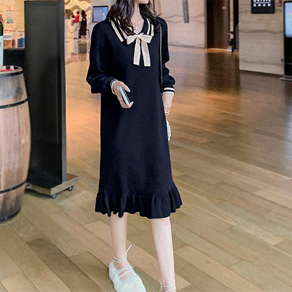 fashion-full-두줄 카라 리본 니트 원피스(TIME SALE 15%)♡韓國女裝連身裙