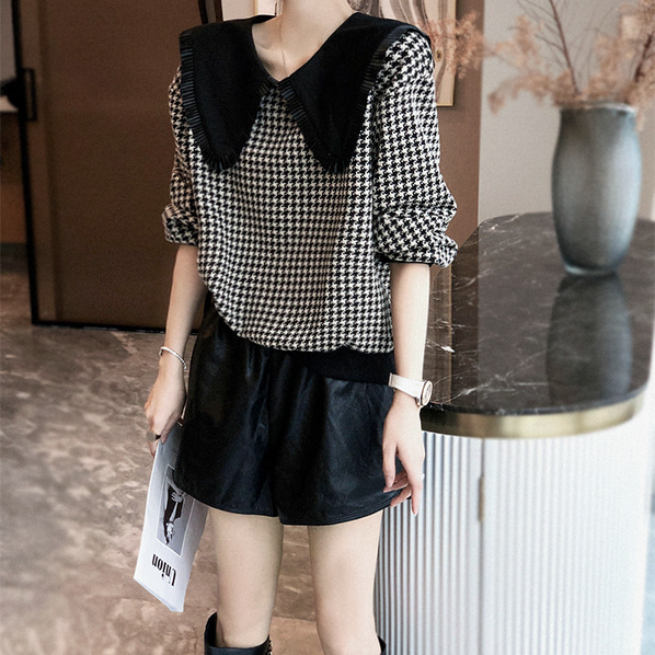 fashion-full-플리츠 카라 하운드 체크 티셔츠(TIME SALE 20%)♡韓國女裝上衣
