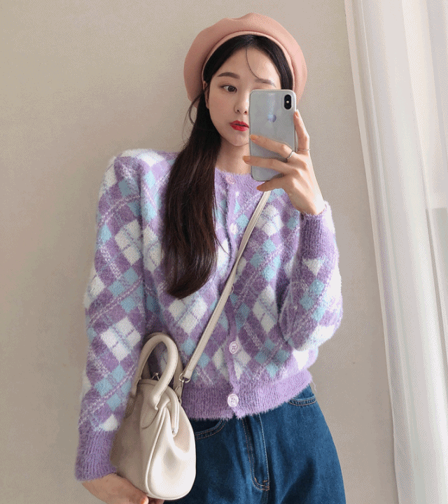 uniqueon-아가일 아방핏 크롭 니트가디건 [H2118]♡韓國女裝外套
