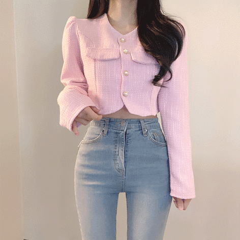 j_blin-룰루 진주단추 트위드 크롭 자켓♡韓國女裝外套