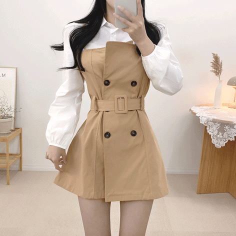 j_blin-여와 트렌치 벨트 원피스(셔츠+원피스set)♡韓國女裝連身裙套裝