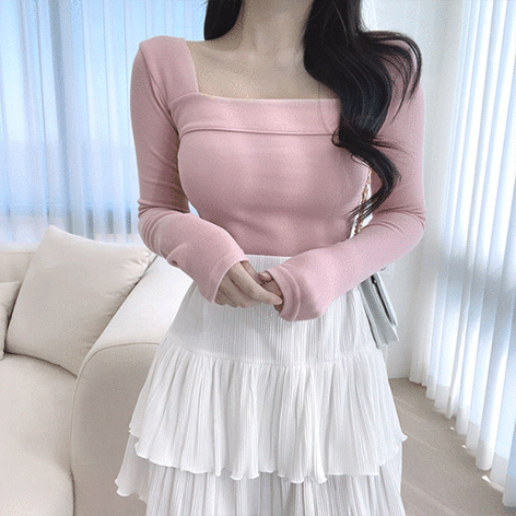 j_blin-[군살제로,여리여리]사른 스퀘어넥 슬림 티♡韓國女裝上衣