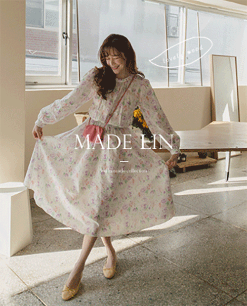 leelin-[MADE LIN 블루밍 봄꽃살랑 나염 원피스[size:F(55~66)]]♡韓國女裝連身裙