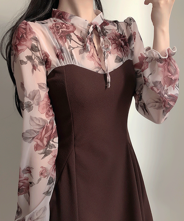 ssomedays-메리 플로럴 리본 원피스(브라운,블랙)♡韓國女裝連身裙